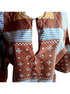 True Vintage Medium 70's Blouse Top Boho Patchwork Tunic Keyhole Kimono Sleeves